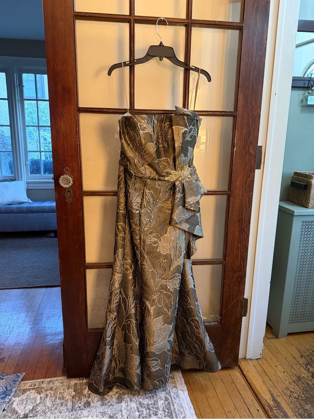 Teri Jon Strapless Metallic Olive and Gold Floral Gown